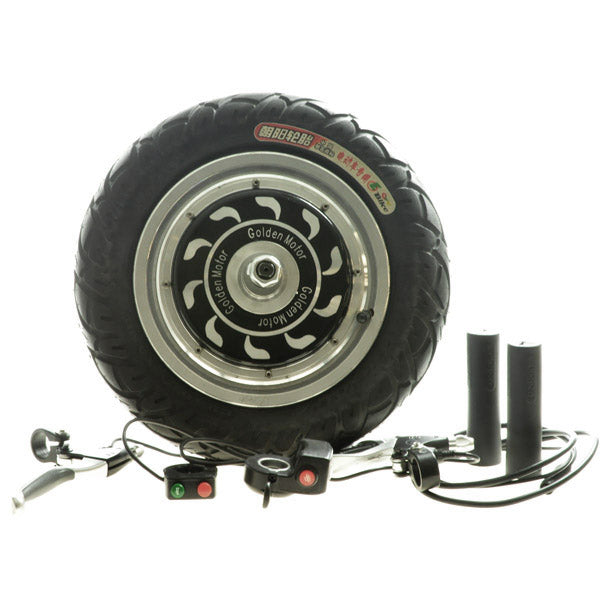 24 Volt 200 Watt - 48 Volt 400 Watt Open Voltage Hub Motor Kit with 12-1/2 x 2-1/4 Tire, showcasing a close-up of the wheel, tire, and cables.