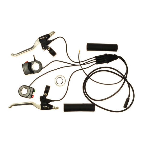 24 Volt 200 Watt - 48 Volt 400 Watt Open Voltage Hub Motor Kit with 12-1/2 x 2-1/4 Tire, featuring a close-up of black handlebar grips and brake levers attached to cables.