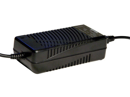 Soneil® 36 Volt 2.0 Amp XLR Battery Charger, a compact black power supply with attached cables, ideal for efficient battery charging with automatic cut-off and float modes.