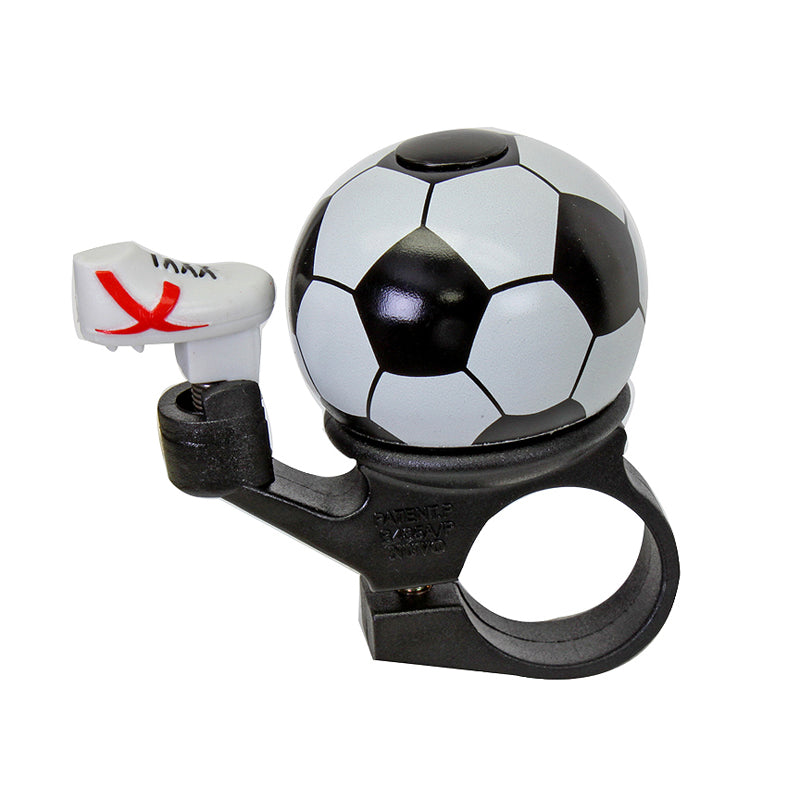 Soccer Bell mounted on a bicycle handlebar pedal, featuring a close-up of a football design, ideal for showcasing athletic flair while riding.