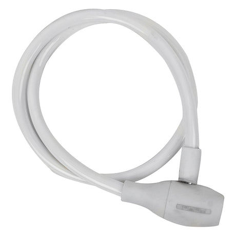 Soft Touch Cable with Integrated Lock, featuring a sturdy, white cable and handle, ideal for securing bicycles and scooters.