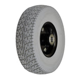 9x3.5-4 Solid Urethane Front Wheel Assembly for the Golden Technologies Companion II (GC321) mobility scooter, featuring a white wheel with a black rim and tire tread, shown in close-up.