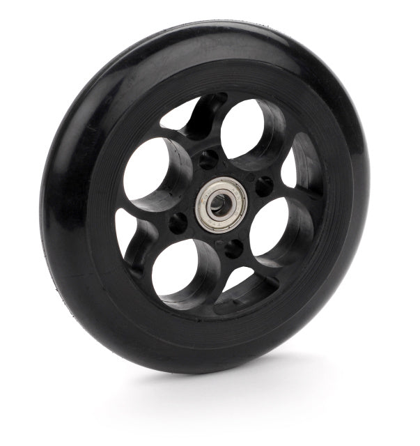 5-3/8 Solid Urethane Front Wheel Assembly for Electric Scooters, featuring a black urethane tire, black plastic rim, and metal center hub with two 608Z bearings.