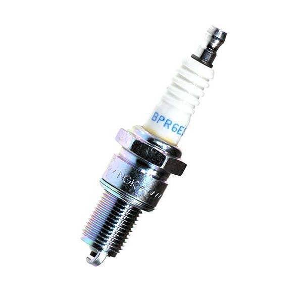 BKR6E-S Spark Plug, close-up showing white-tipped electrode and terminal nut, commonly used in Johnson Outboard marine engines and Polaris ATVs.