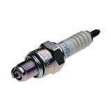 CR7HSA Spark Plug with a white and silver tip, shown in a close-up view, highlighting its compatibility with various scooter models and its internal resistor to prevent radio frequency interference.