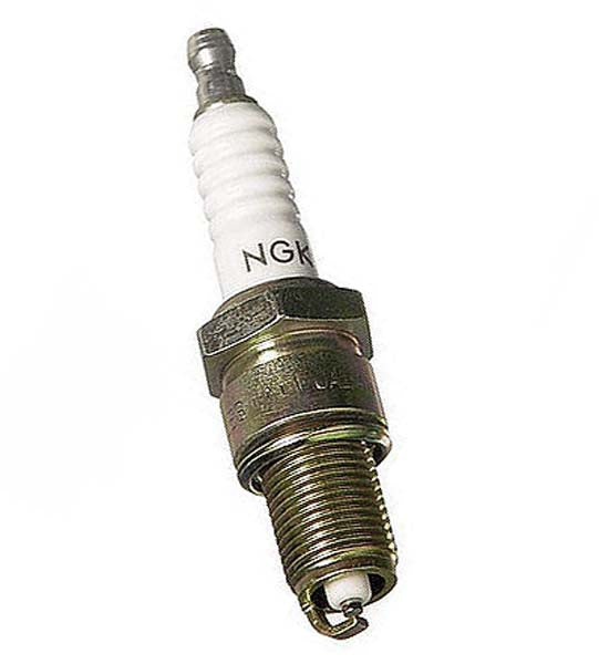 Close-up of an NGK BKR5E-11 spark plug featuring a white tip, suitable for small gas engines, highlighting its role in preventing electrical failures.