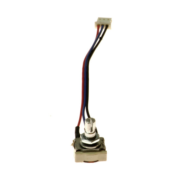 Close-up of a 25K Ohm Speed Potentiometer (Speed Pot) for Pride Rally mobility scooters, showing detailed view of the small electrical device and attached black and red curved cable.