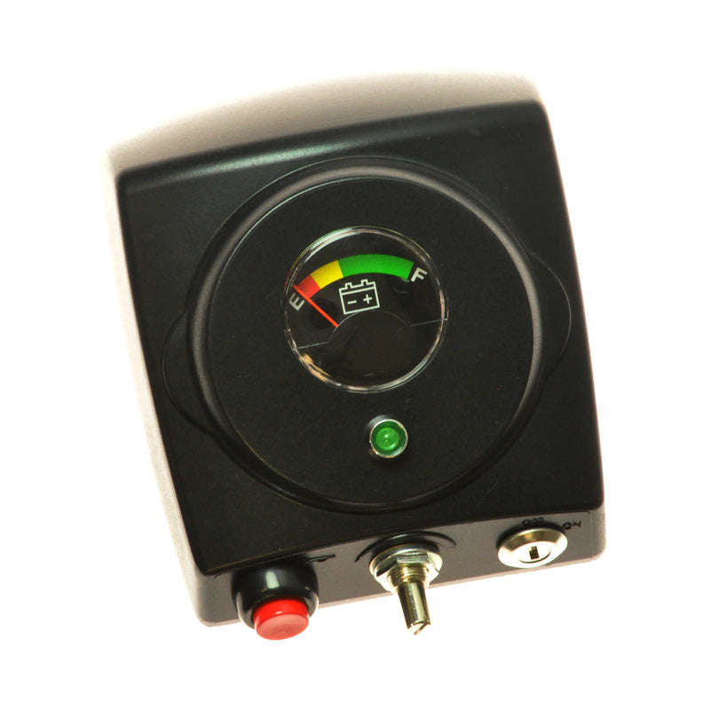 Upper Console Assembly for the Merits Cruiser Q (S548) Mobility Scooter, featuring a dial, buttons, and a green speed control button on a black panel with a gauge.