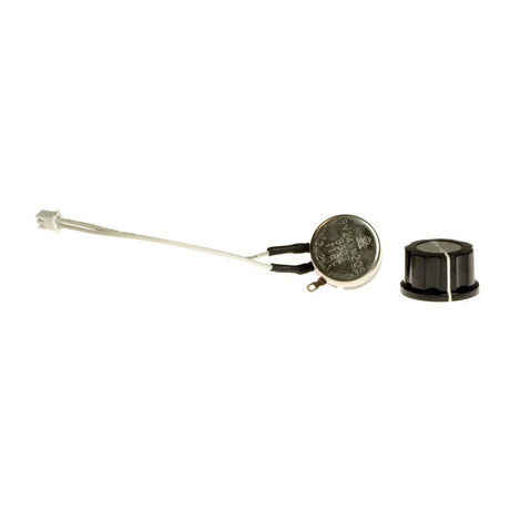 Speed Pot for the Merits Pioneer 10 (S341) Mobility Scooter, a small round metal object with a black cap and a black plastic knob featuring a white stripe.