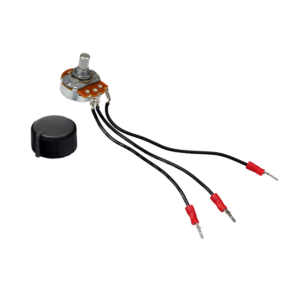 25K Ohm Speed Potentiometer (Speed Pot) with Soft Grip Knob for Pride Celebrity X, XL, and Hurricane mobility scooters; close-up of small round metal object with attached wires.