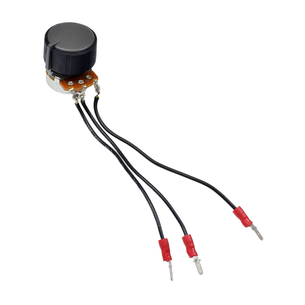 25K Ohm Speed Potentiometer (Speed Pot) with Soft Grip Knob for Pride Celebrity X, XL, and Hurricane mobility scooters, featuring a black round device with attached red and black wires.