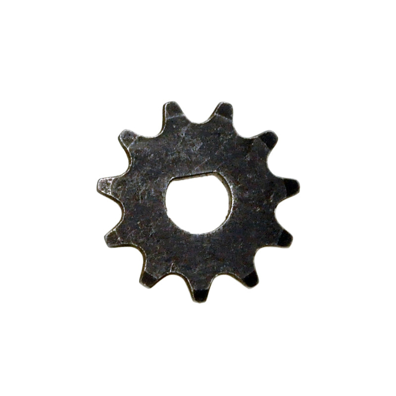 Close-up view of the #25 Chain Sprocket - 11 Tooth - D Bore, showcasing the detailed metal gear used for electric scooter motors.