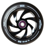 125 mm AO Spiral Kick Scooter Wheel with a black rim and white lines, featuring a 7-spoke design. Ideal for customizing scooters with mix-and-match color options.