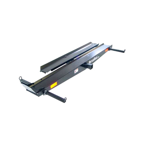 Sport Bike Carrier with Ramp: A black metal carrier with wheels and a trailer hitch, designed to transport sport bikes efficiently, featuring retractable tie-down bars and a 71 ramp for easy loading.