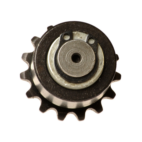 Close-up of the Sprocket & Roller Clutch Assembly for #25 Chain, featuring a 15-tooth gear with an 8 mm inside hole, highlighting its precise metalware details.