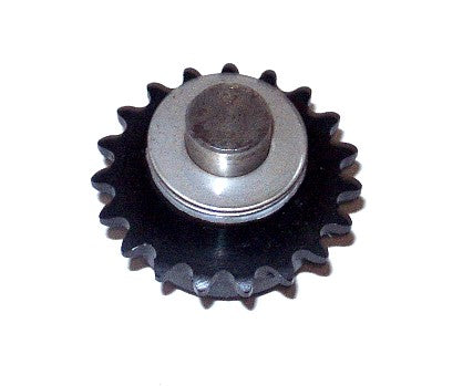 Sprocket & Roller Clutch Assembly, #25 Chain, 19 Tooth, featuring a close-up of a black and silver metal gear with accompanying washers and roller clutches, shown unassembled.