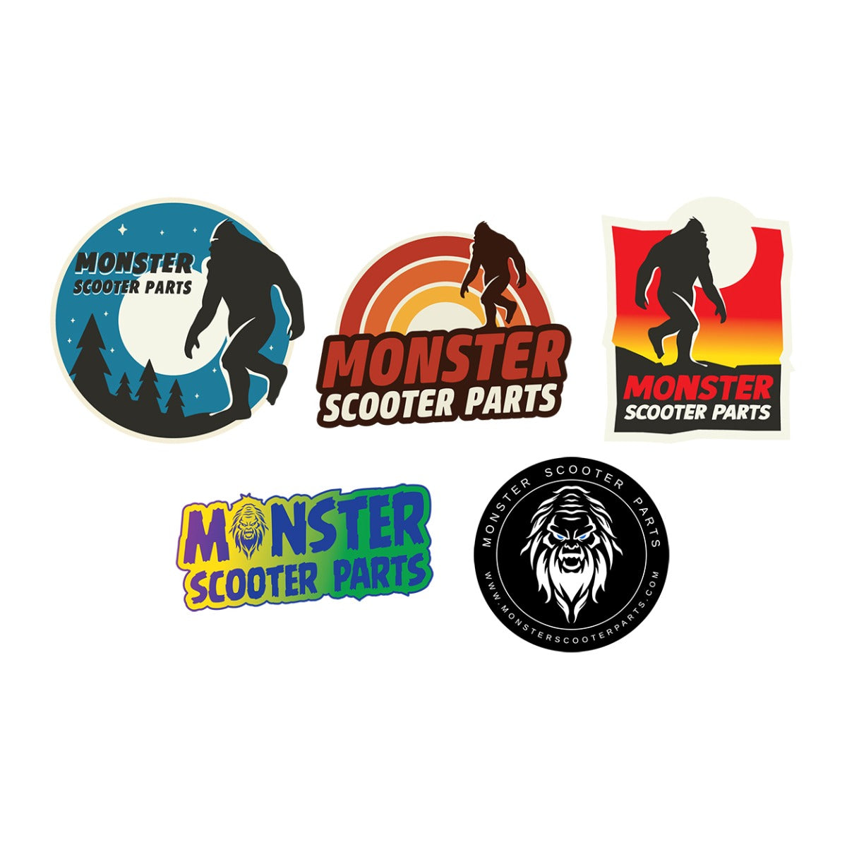 Monster Scooter Parts Sasquatch Sticker featuring various black and white logos of a monster in different poses, ideal for customizing vehicles, toolboxes, or other personal items.