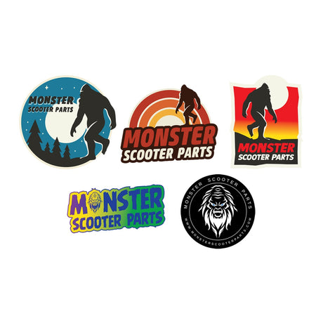 Monster Scooter Parts Sasquatch Sticker featuring various black and white logos of a monster in different poses, ideal for customizing vehicles, toolboxes, or other personal items.