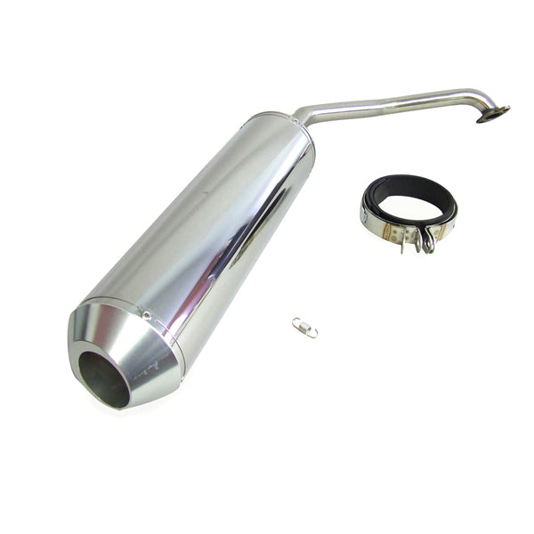 Stainless Steel Carp Mouth Exhaust Pipe for 125cc and 150cc GY6 Engines, featuring a sleek silver muffler with a distinctive black ring, designed for high performance and easy installation.