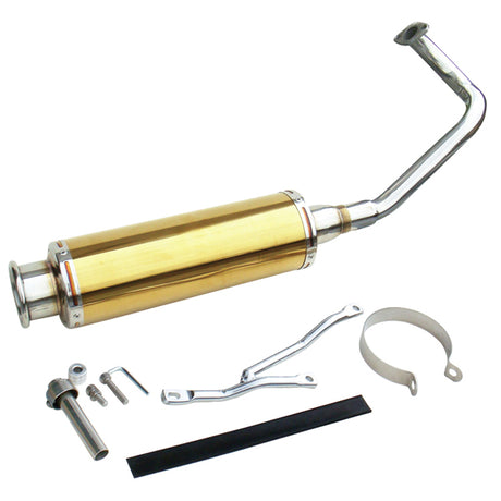 Stainless Steel Exhaust Pipe for 50cc, 125cc, and 150cc GY6 Engines, featuring a sleek metal finish, designed by NCY for scooters.