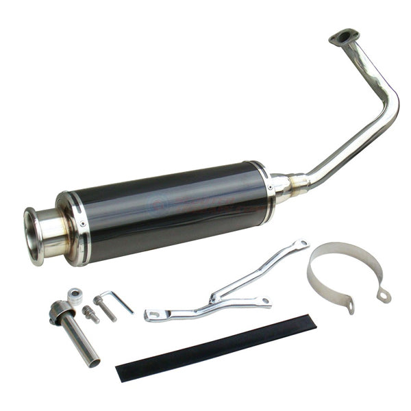 Stainless Steel Exhaust Pipe for 50cc, 125cc, and 150cc GY6 Engines, featuring a sleek black and silver muffler design, ideal for enhancing the look and performance of your scooter.