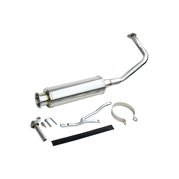 Stainless Steel Exhaust Pipe for 50cc GY6 QMB139 Engines, featuring a silver muffler with a black strap. Perfect for enhancing style and performance on 4-stroke 50cc scooters.