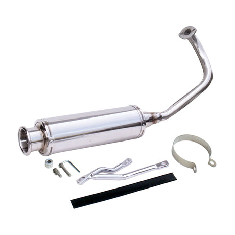 Stainless Steel Exhaust Pipe for the Honda Ruckus (NPS50) by NCY, featuring a sleek silver muffler with a black strap and visible screws, designed for performance enhancement.