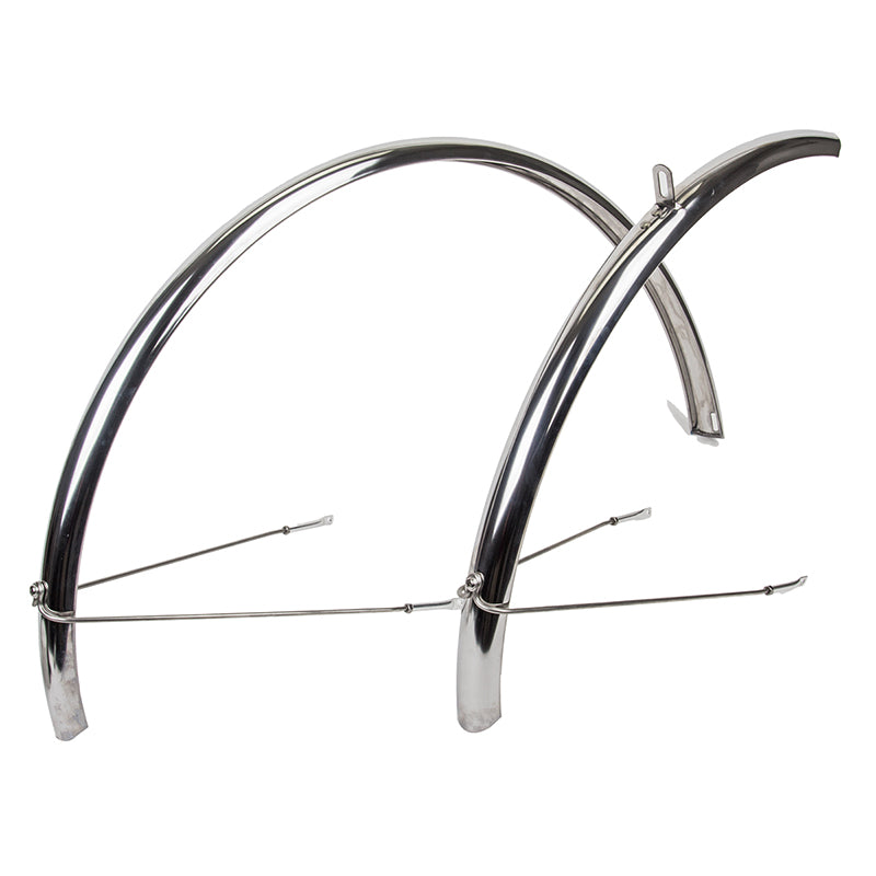 Stainless Steel Fender Pair with a sleek, curved metal frame, designed for bikes and scooters, providing both style and practicality.