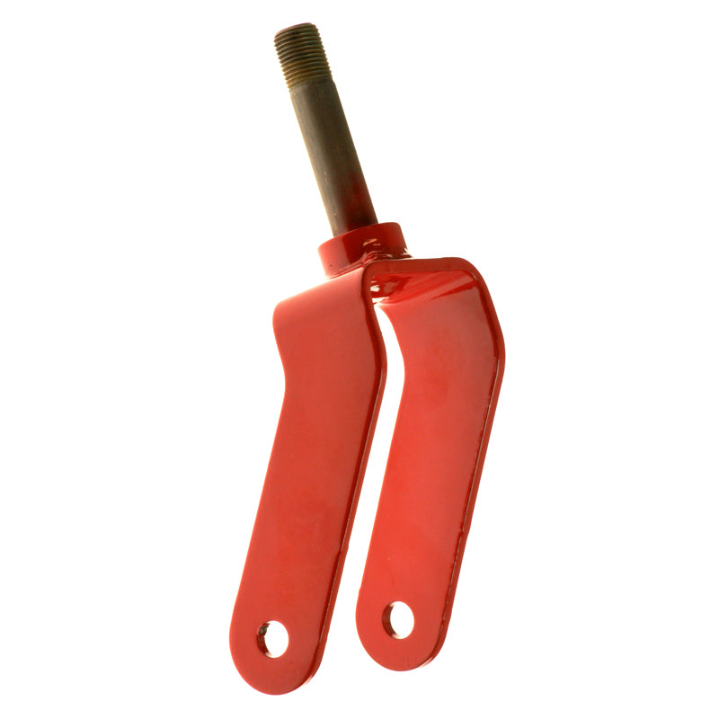 Red Caster Fork for the Invacare 3G Series, featuring a sleek red metal body with a black stem, designed for 8 wheels and omitting the optional Shock Fork Assembly and lightening holes.