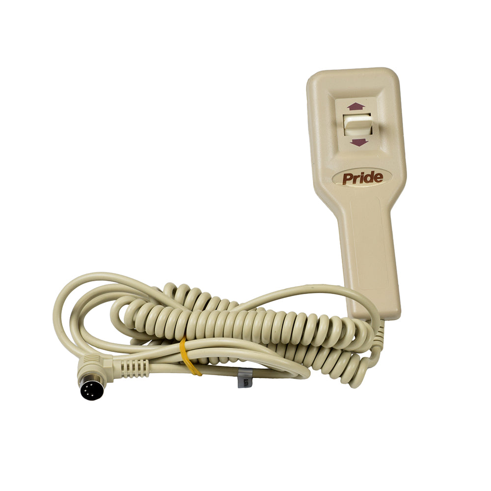 Close-up of the Standard Hand Control for Pride Lift Chairs (ELEASMB1030), featuring a coiled white cable with a yellow band, designed for easy adjustment to standing and reclining positions.