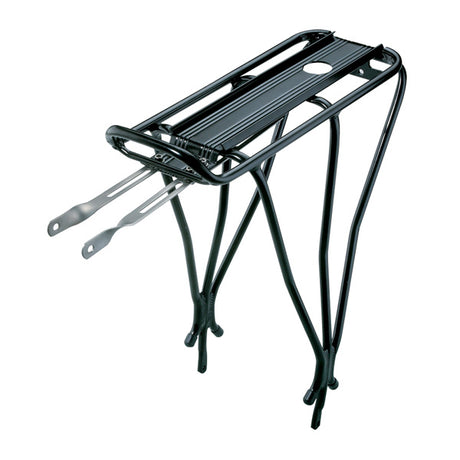 BabySeat II Child Carrier with Rack for Bikes features a sturdy black bicycle rack with metal legs, designed for secure mounting and enhanced protection.