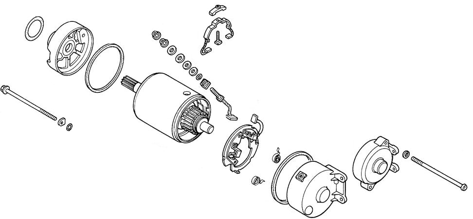 Diagram of the Starter Motor Assembly for Honda Elite 250 (1985-1988 Models) and Helix CN250 (1986-1991 Models) (OEM), showcasing detailed internal components and structure.