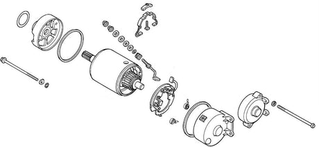 Starter Motor Assembly for Honda Helix CN250 (1992-2007 Models) (OEM) illustrated in a detailed technical diagram showcasing the motor's internal components and structure.