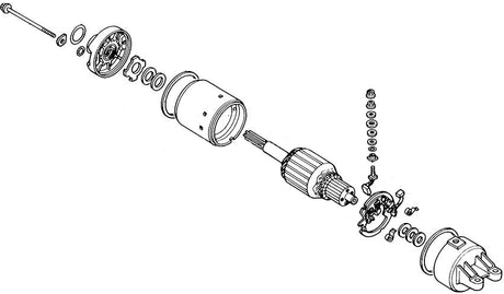 Diagram sketch of a Starter Motor Assembly for Honda Elite 250 (1989-1990 Models) (OEM), illustrating the internal components and structure.