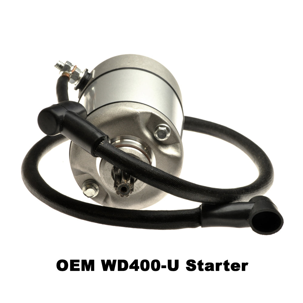 9 Tooth Starter Motor for 125cc/150cc, 250cc & 400cc ATVs, Dirt Bikes, & Go Karts; close-up of motor details, showing the silver and black components.