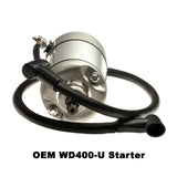 9 Tooth Starter Motor for 125cc/150cc, 250cc & 400cc ATVs, Dirt Bikes, & Go Karts; close-up of motor details, showing the silver and black components.