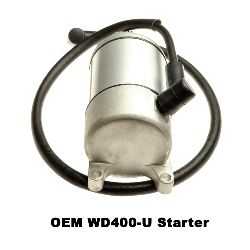 9 Tooth Starter Motor for 125cc/150cc, 250cc & 400cc ATVs, Dirt Bikes, & Go Karts, showing a close-up of its cylindrical, silver and black design.