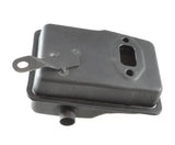 Stock Gas Scooter Muffler with 3/4 Pipe featuring visible mounting holes and an integral exhaust pipe, suitable for 33cc-52cc engines. The black metal muffler appears with a close-up view of its details.