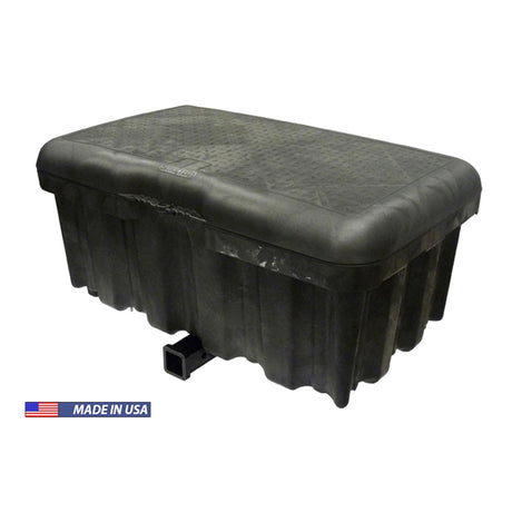 Storage Bin Carrier: A durable black plastic box, ideal for scooters, off-roaders, and cyclists, designed to fit class III or IV hitches with a 350 lbs. carrying capacity.