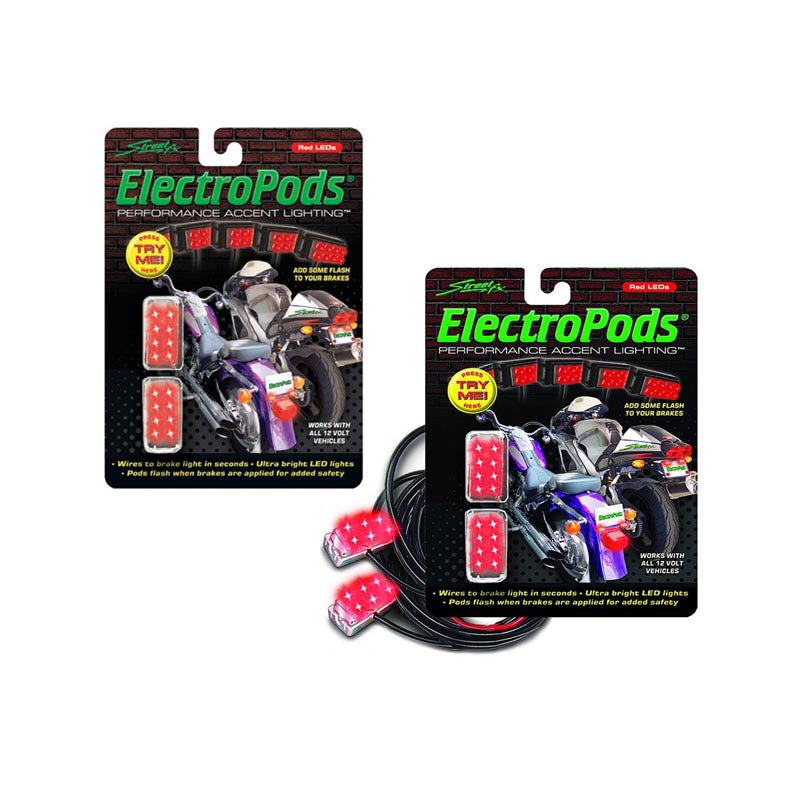 StreetFX ElectroPods Scooter Accessory Brake Lights, two-pack, close-up showing shock and weather-resistant pods with eight red LEDs each, designed for enhanced braking visibility and safety on scooters.