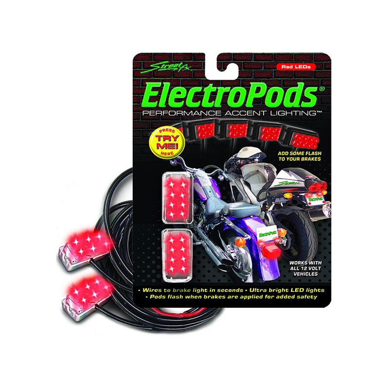 StreetFX ElectroPods Scooter Accessory Brake Lights package featuring a close-up view of the toy motorcycle's red LED brake lights designed for enhanced visibility and safety.