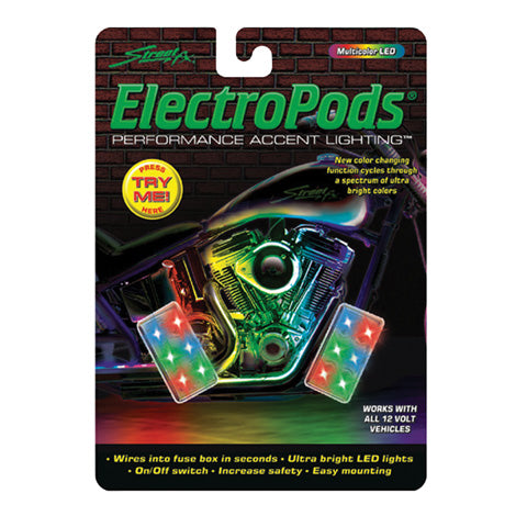 StreetFX ElectroPods Color Changing Accent Lights package with two pods featuring six ultra-bright LEDs each, designed for easy installation on scooters and motorbikes for enhanced nighttime visibility.