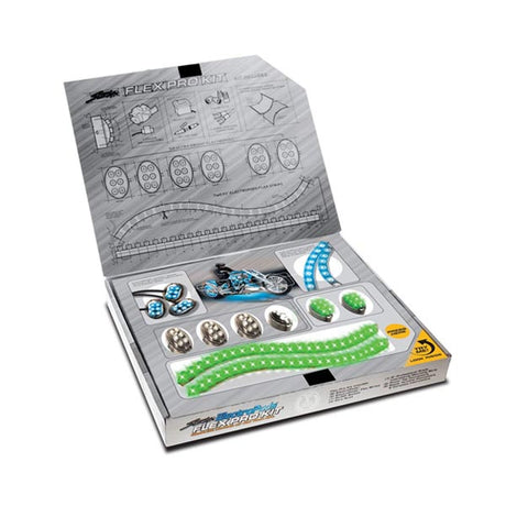 StreetFX ElectroPods Pro Complete Scooter Accent Lights Kit showing assorted components, including LED strips, oval pods, a switch, and connectors, neatly arranged inside a box.