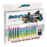 StreetFX ElectroPods Flex Pro 15 Color Change Kit with Remote, featuring ten flexible, peel-and-stick LED strips and components for easy scooter installation, displayed in a box with a motorcycle poster in the background.