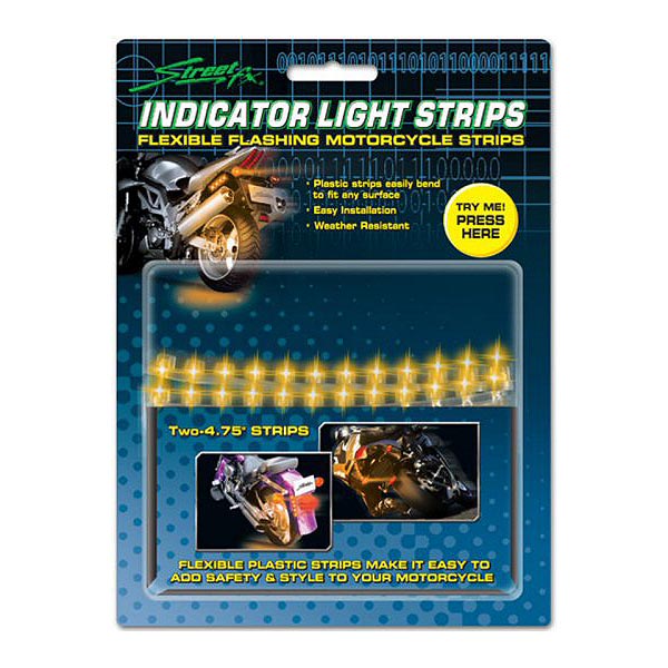 StreetFX Indicator Light Strip: A pack of flexible, ultra-bright yellow turn signal strips for motorcycles, enhancing visibility and safety. Includes two 4-3/4 strips, shown against a black background.