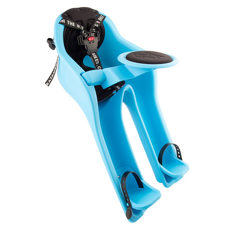 Safe-T-Seat Baby Seat for Bikes, featuring a blue seat with a safety strap and a padded steering wheel, designed for toddlers to ride safely and comfortably between the adult cyclist's arms.