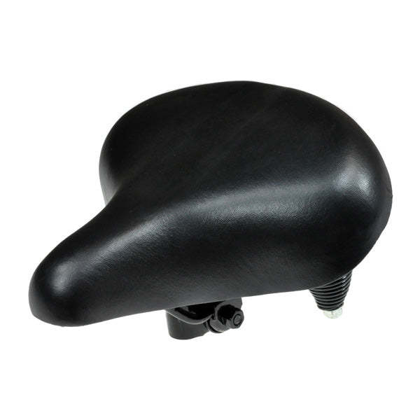 Universal Scooter Seat with Springs featuring a black bicycle-style design, visible screws, and a classic spring suspension system for enhanced comfort. Suitable for most gas and electric scooters.