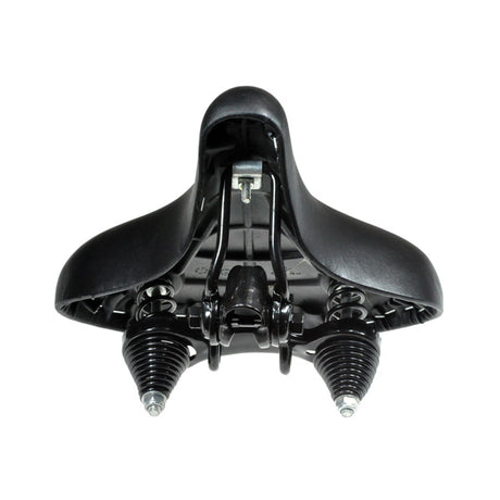 Universal Scooter Seat with Springs featuring a black bicycle-style design and metal spring suspension for enhanced comfort. Compatible with most gas and electric scooters.