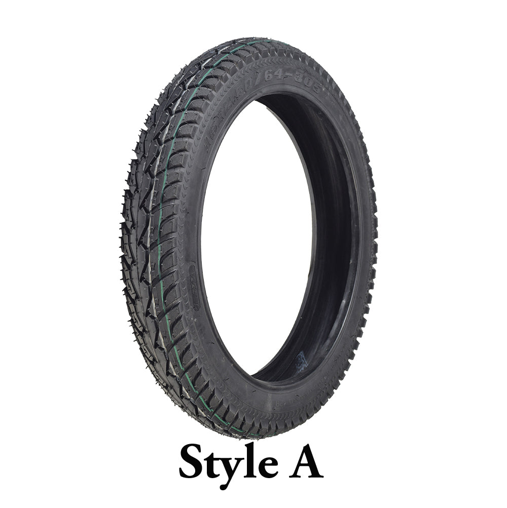 16x2.50 Tire for Bikes & Scooters with green lines and directional tread pattern, designed for all-season traction and water displacement. Includes arrows on sidewall indicating rotation direction.