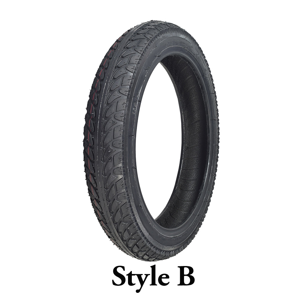 16x2.50 Tire for Bikes & Scooters featuring a directional tread pattern for optimal traction and water displacement, suitable for both front and rear rims.